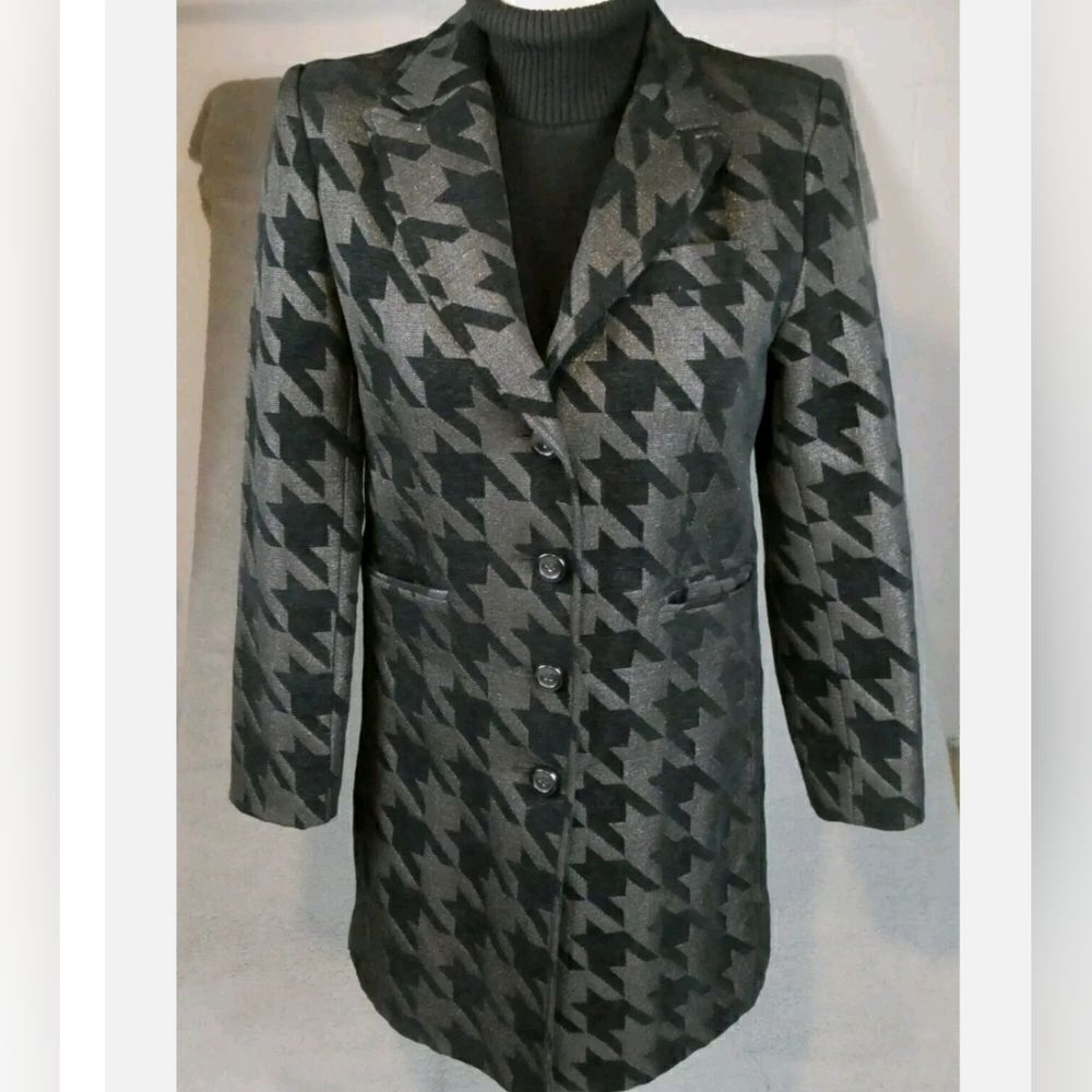 Giacca Coat Large Long Peacoat Black Houndstooth Soft Button Front Classy Womens
